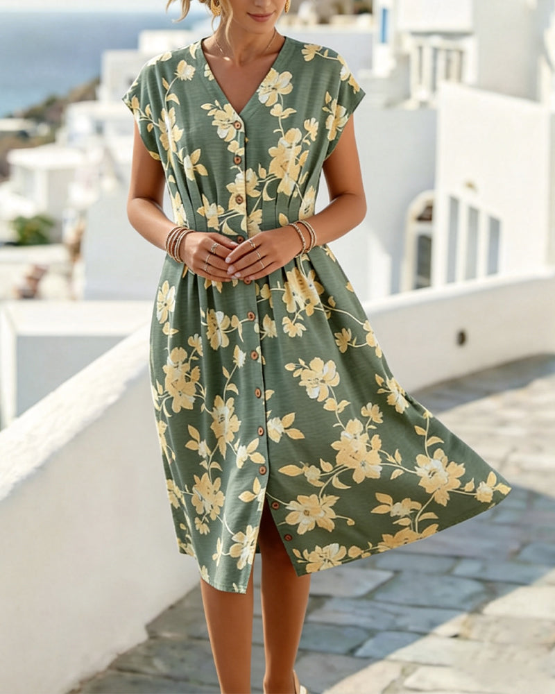 V-Neck Printed Dress Fitted Waist Button Front