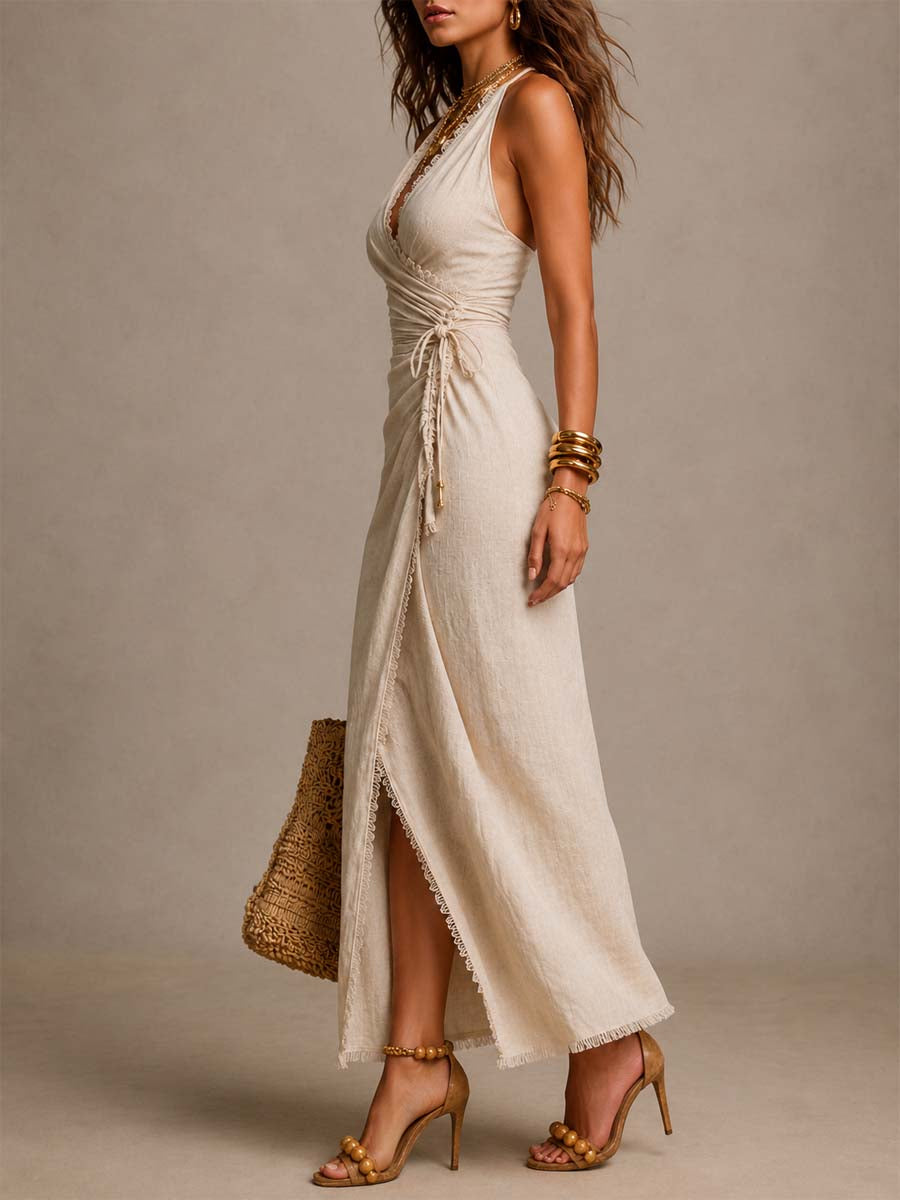 Isabella | Maxi Wrap Dress in Linen Blend with Lace, Beige