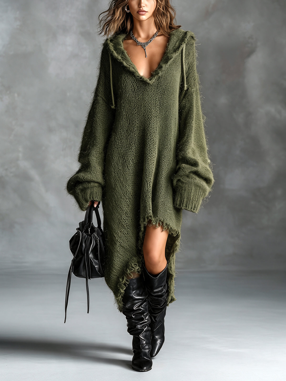 Mathilde knit midi dress, hooded collar