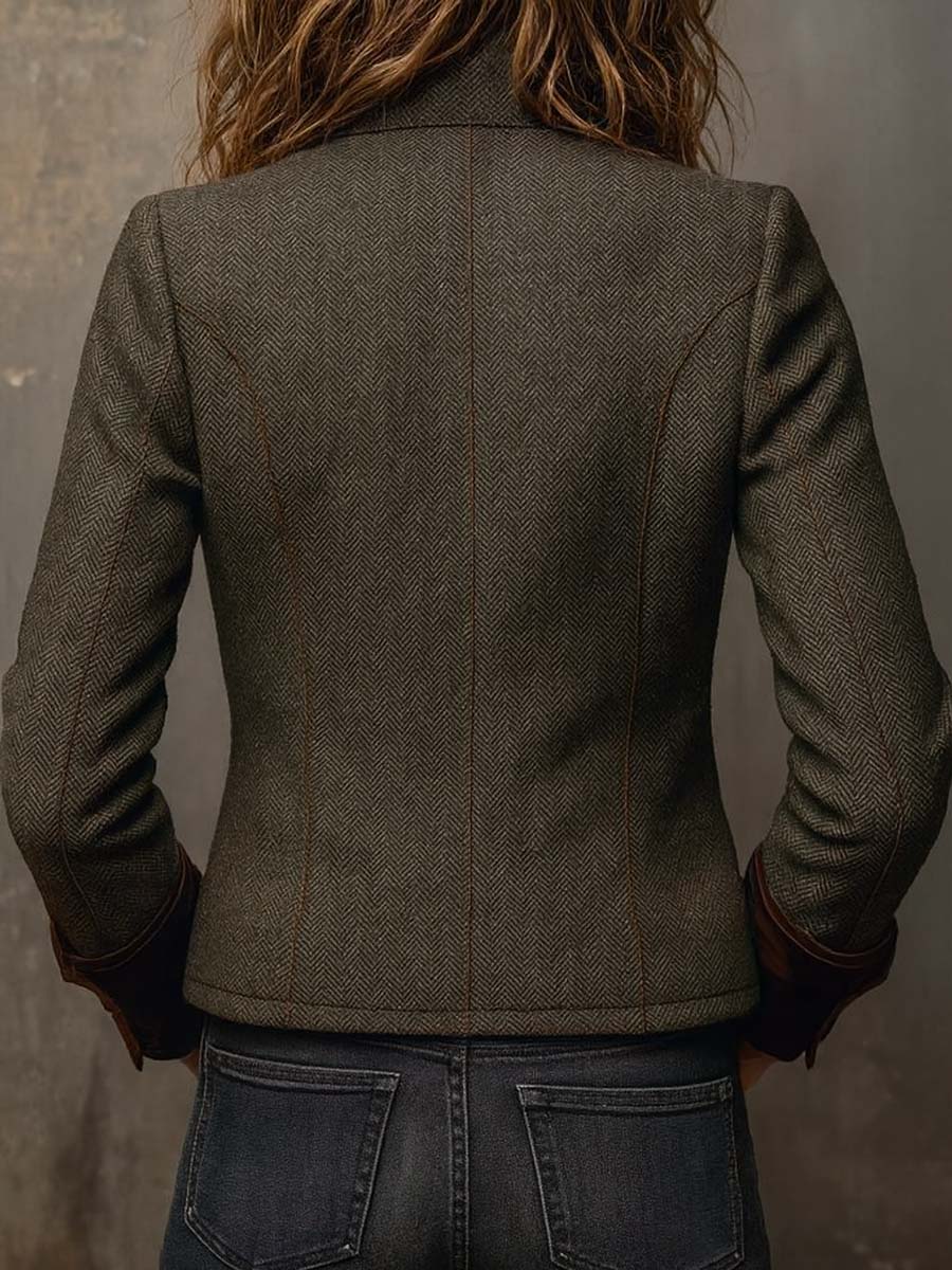 Honorine olive blazer, contrasting piping at the cuff