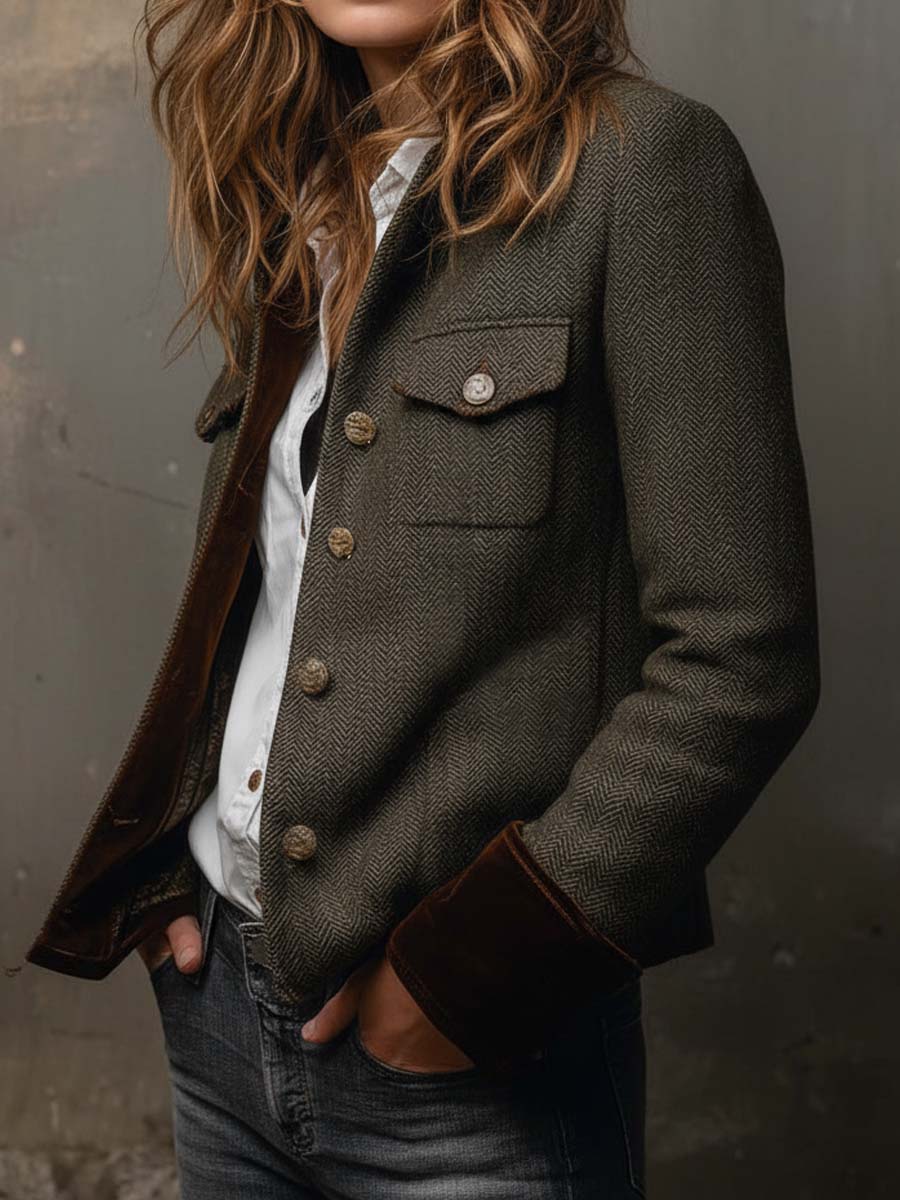 Honorine olive blazer, contrasting piping at the collar