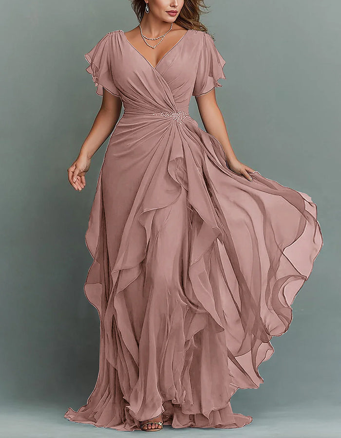 Maxi dress made of chiffon with V-neck, solid color and ruffles