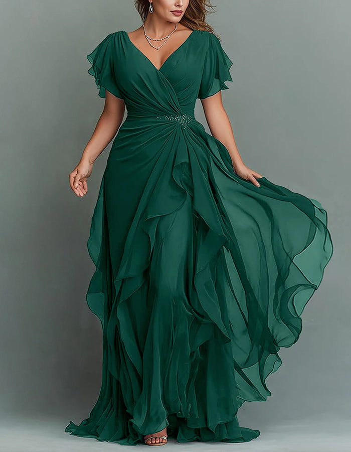 Maxi dress made of chiffon with V-neck, solid color and ruffles