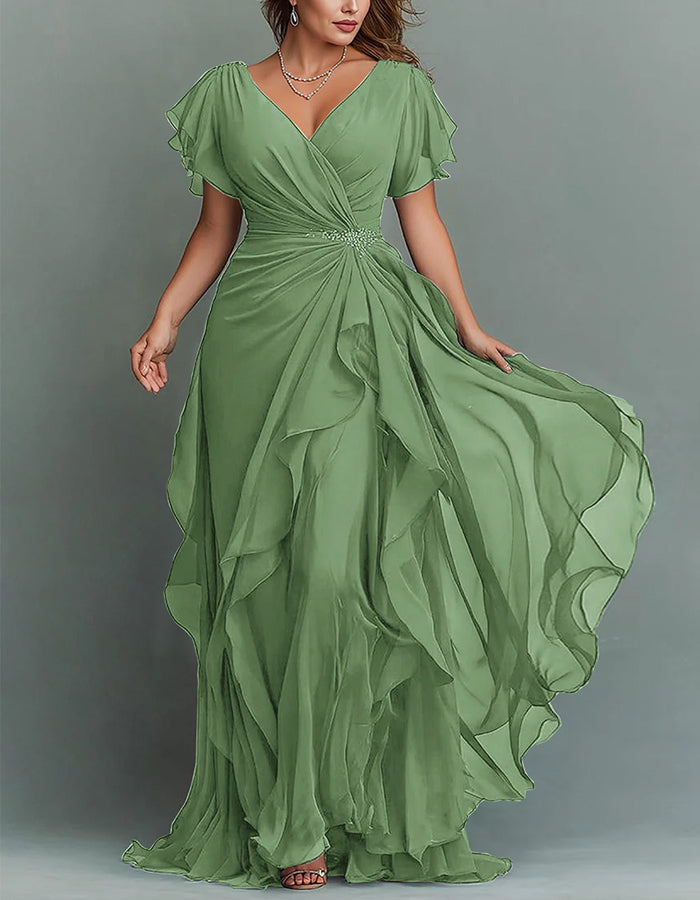 Maxi dress made of chiffon with V-neck, solid color and ruffles