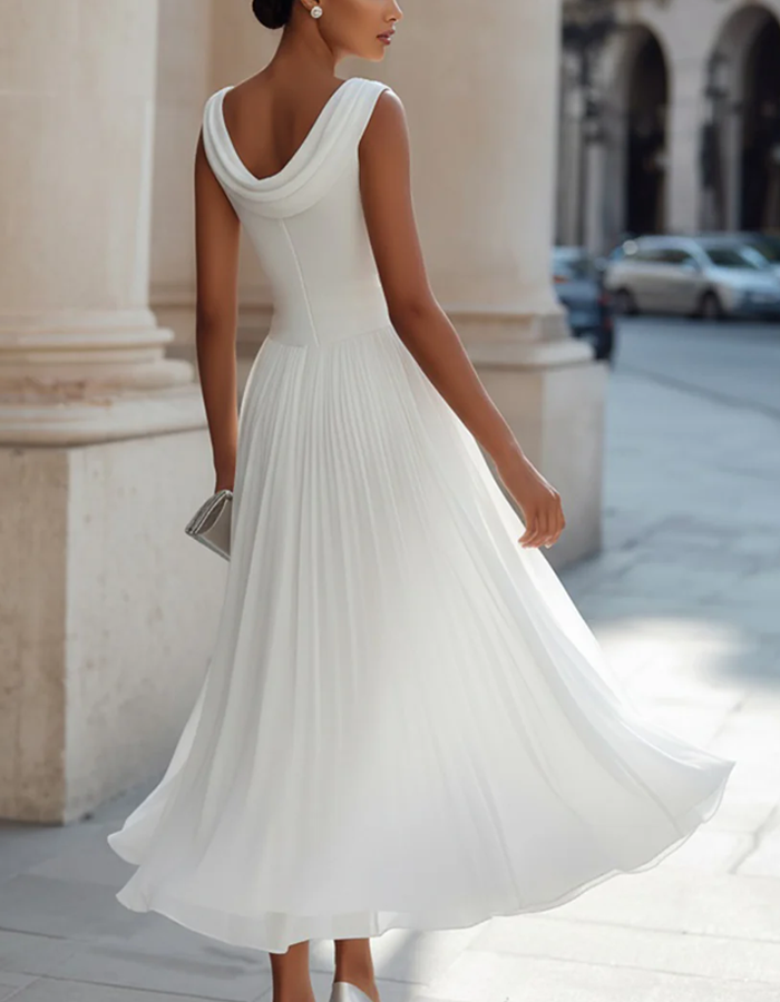 Draped Neck Chiffon Midi Dress