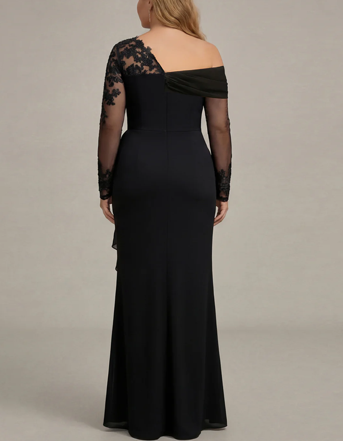 Maxi dress with one shoulder, solid color, lace, and pleated fabric