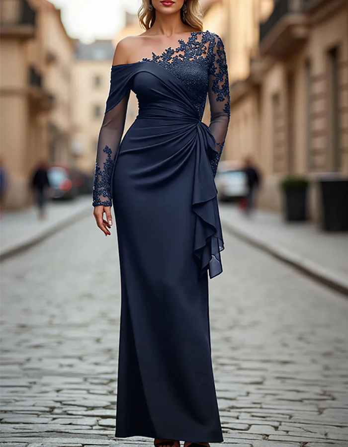 Maxi dress with one shoulder, solid color, lace, and pleated fabric