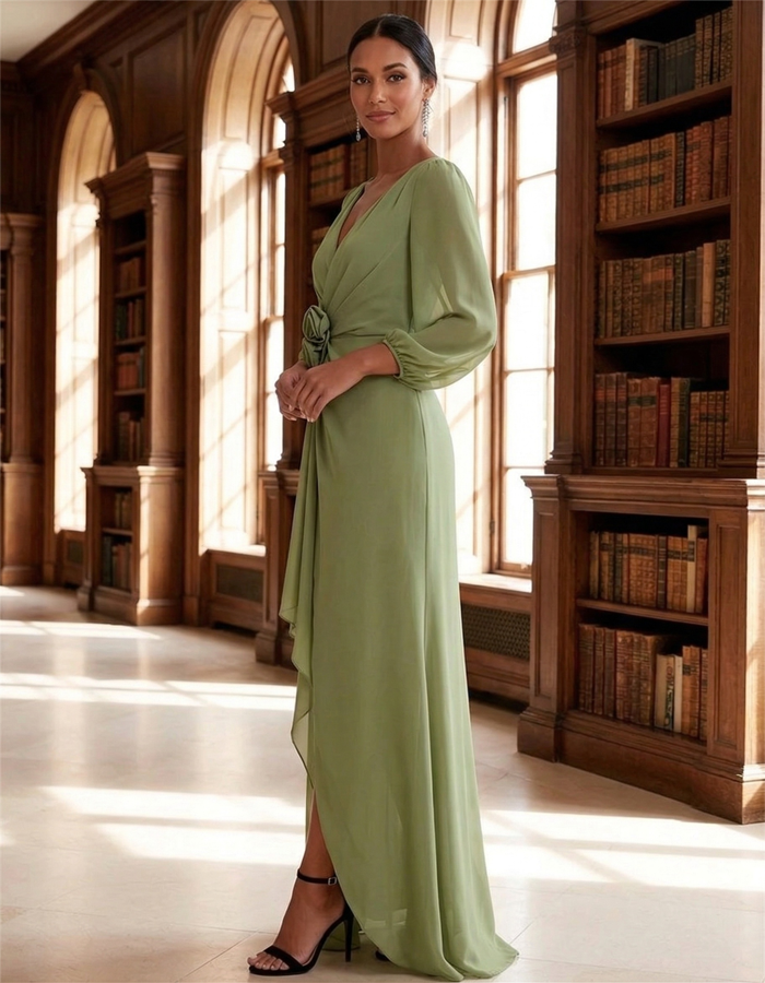 Maxi dress in sage green chiffon with V-neck and puff sleeves
