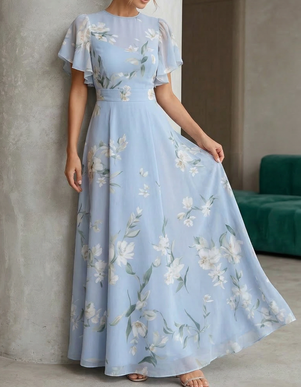 Pale Blue Chiffon Round Neck Ruffle Print Maxi Dress