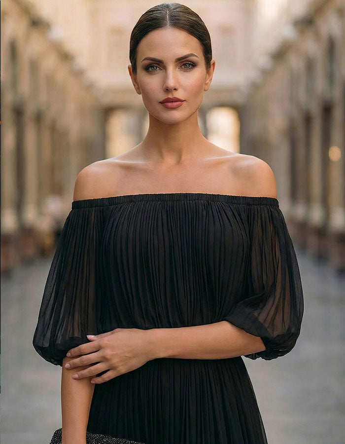 Black Off-Shoulder Chiffon Maxi Dress with Split