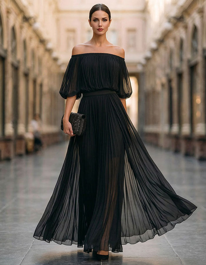 Black Off-Shoulder Chiffon Maxi Dress with Split