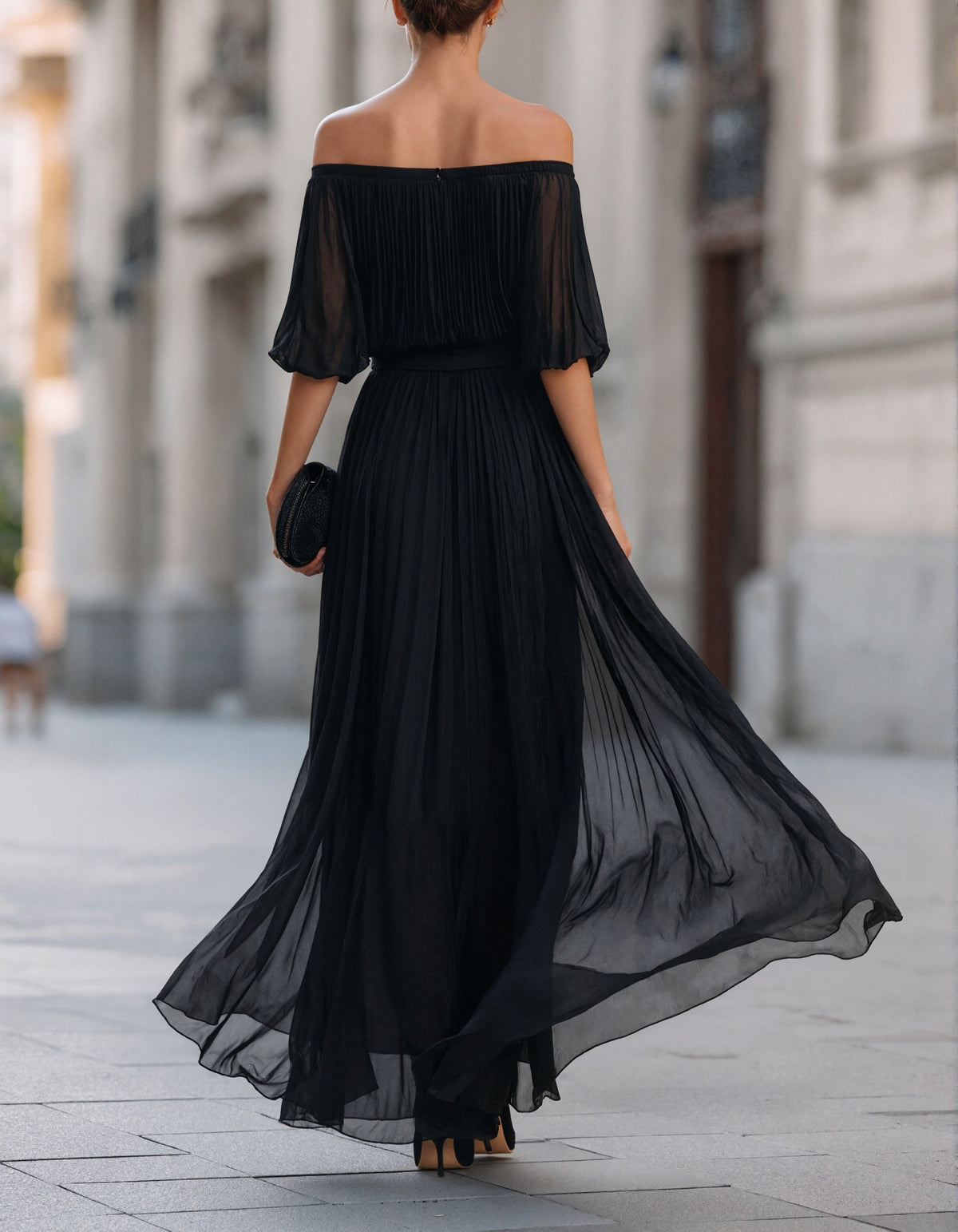 Black Off-Shoulder Chiffon Maxi Dress with Split