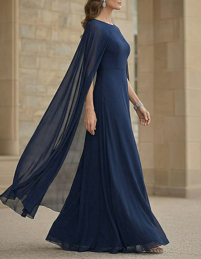 Navy blue chiffon maxi dress with cape sleeves and round neckline