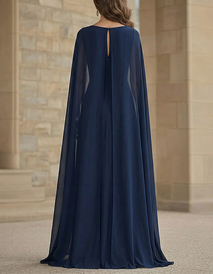 Navy blue chiffon maxi dress with cape sleeves and round neckline