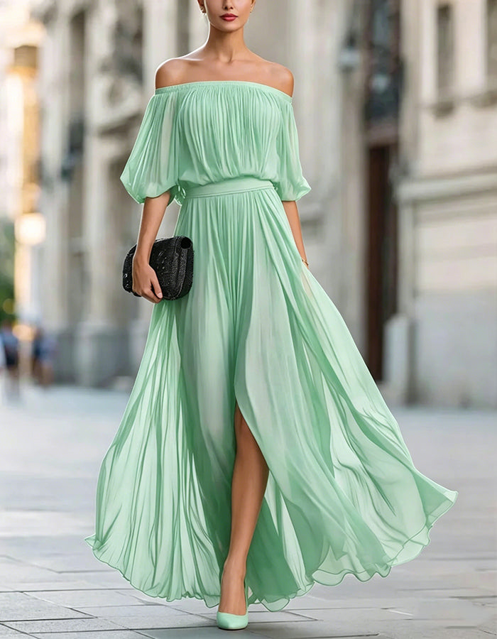 Black Off-Shoulder Chiffon Maxi Dress with Split