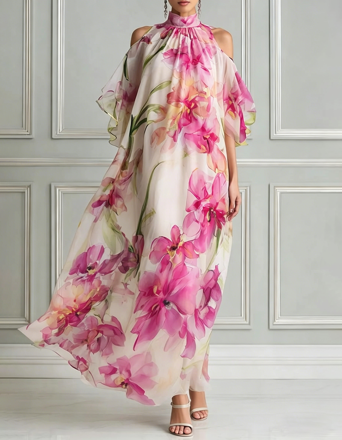 Rose chiffon maxi dress with floral print, halter neck and off-shoulder
