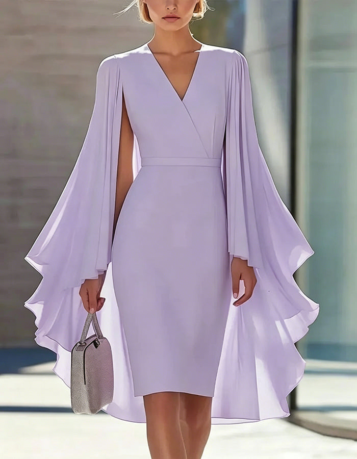 Solid Color Cape Style Waist-Defining Knee-Length Dress