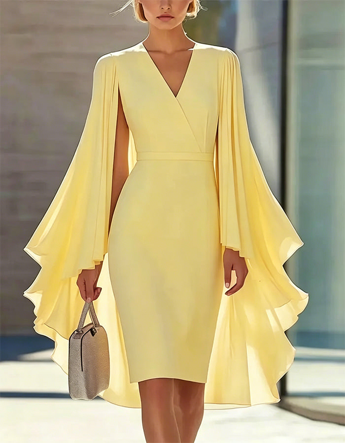 Solid Color Cape Style Waist-Defining Knee-Length Dress