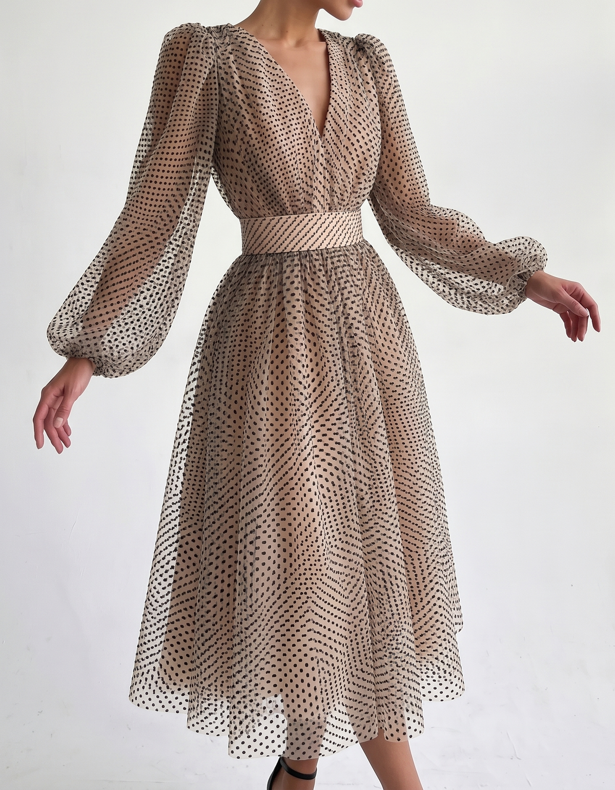 Chiffon Polkadot V-Neck Midi Dress with Fitted Waist and Puff Sleeves