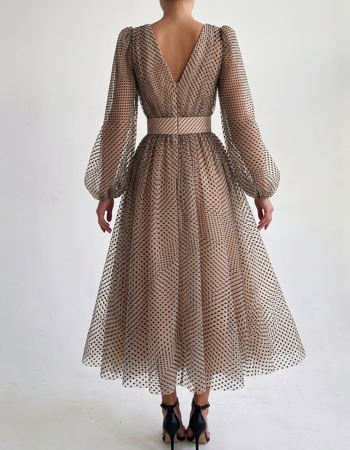 Chiffon Polkadot V-Neck Midi Dress with Fitted Waist and Puff Sleeves