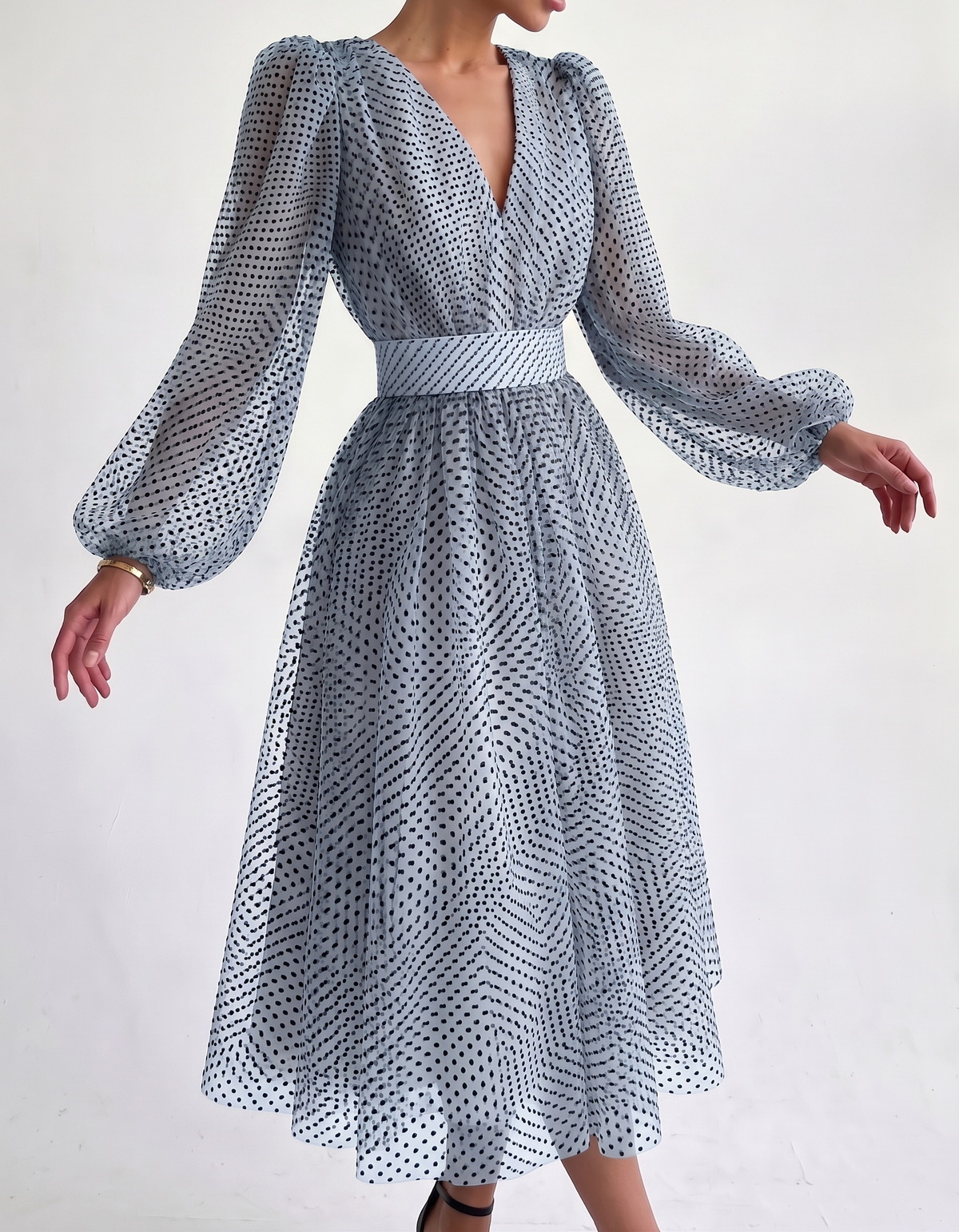 Chiffon Polkadot V-Neck Midi Dress with Fitted Waist and Puff Sleeves