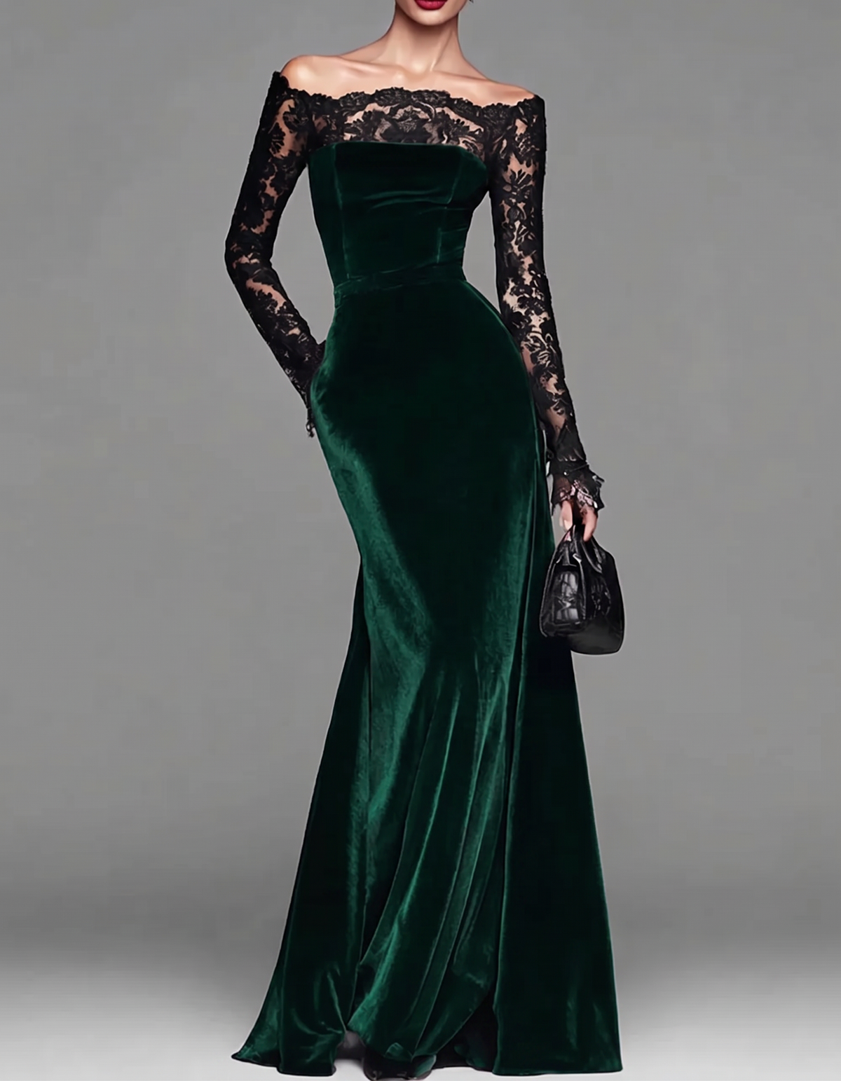 Velvet Lace Off-Shoulder Bodycon Fishtail Maxi Dress