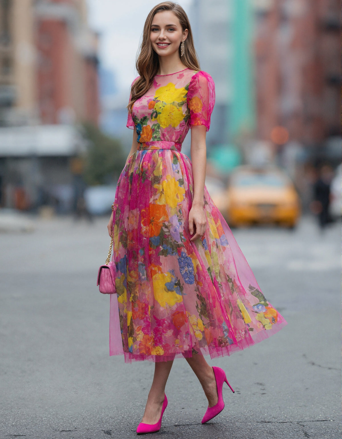 Watercolor Floral Tulle Midi Dress