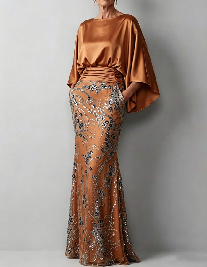 Maxi dress in satin with cape sleeves in champagne color