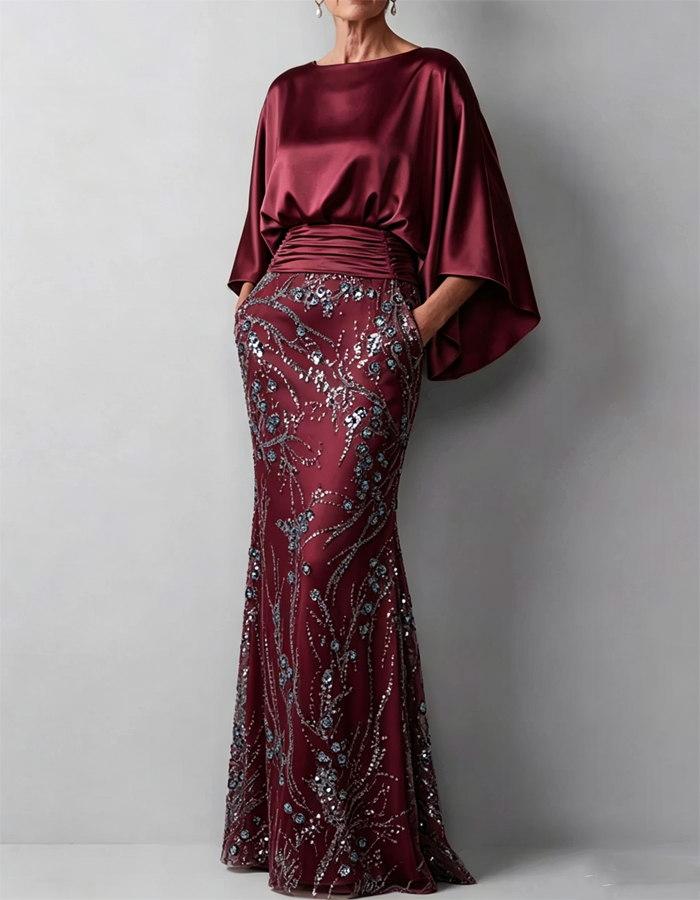 Maxi dress in satin with cape sleeves in champagne color