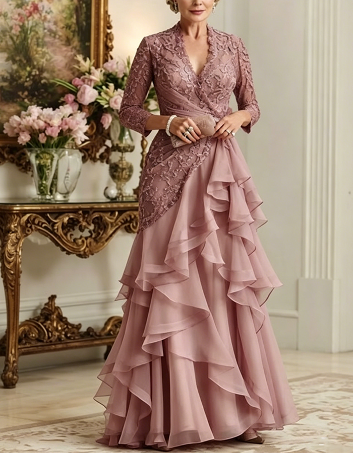 Gray-pink lace chiffon layered maxi dress