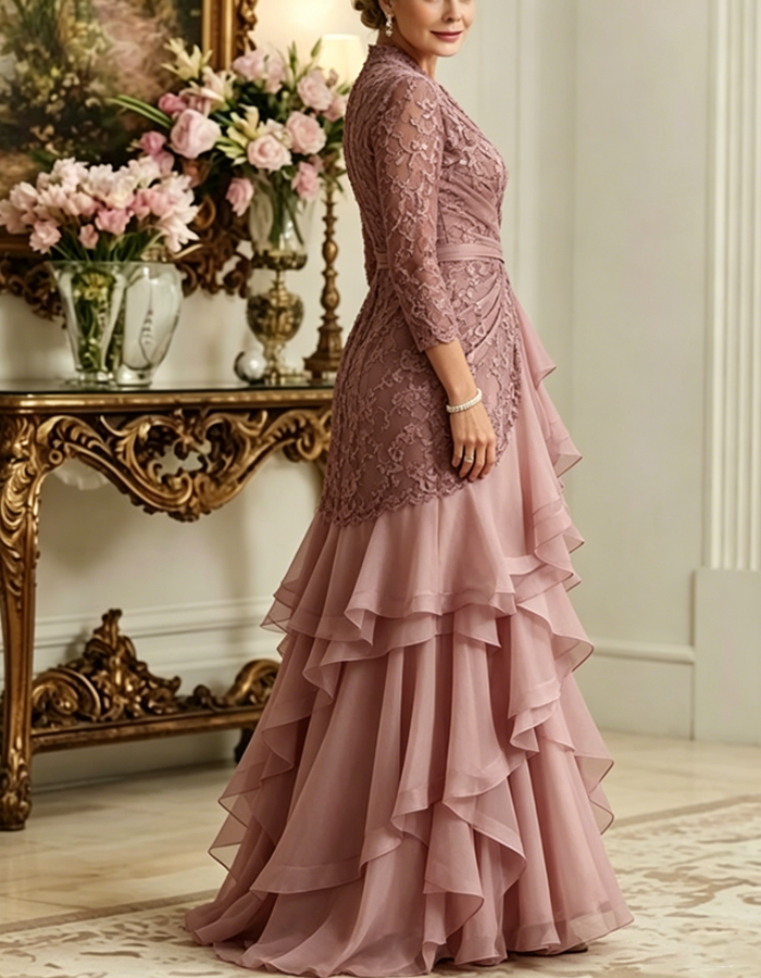Gray-pink lace chiffon layered maxi dress