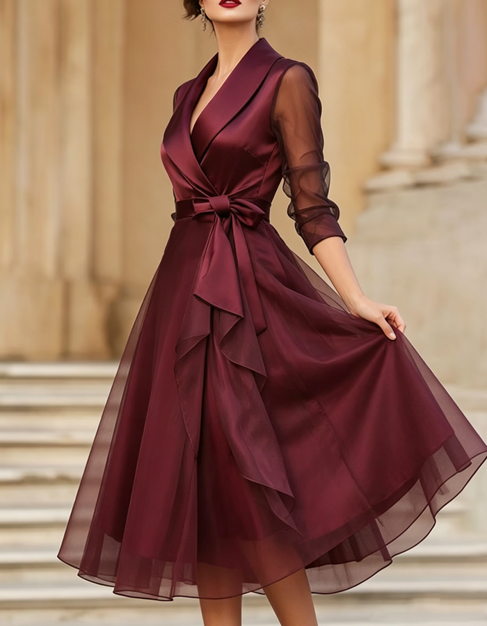 Bordeaux Satin Tulle Midi Dress