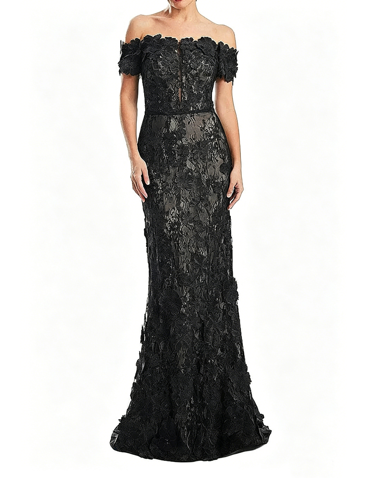 Off-shoulder maxi dress with lace embroidery and fishtail