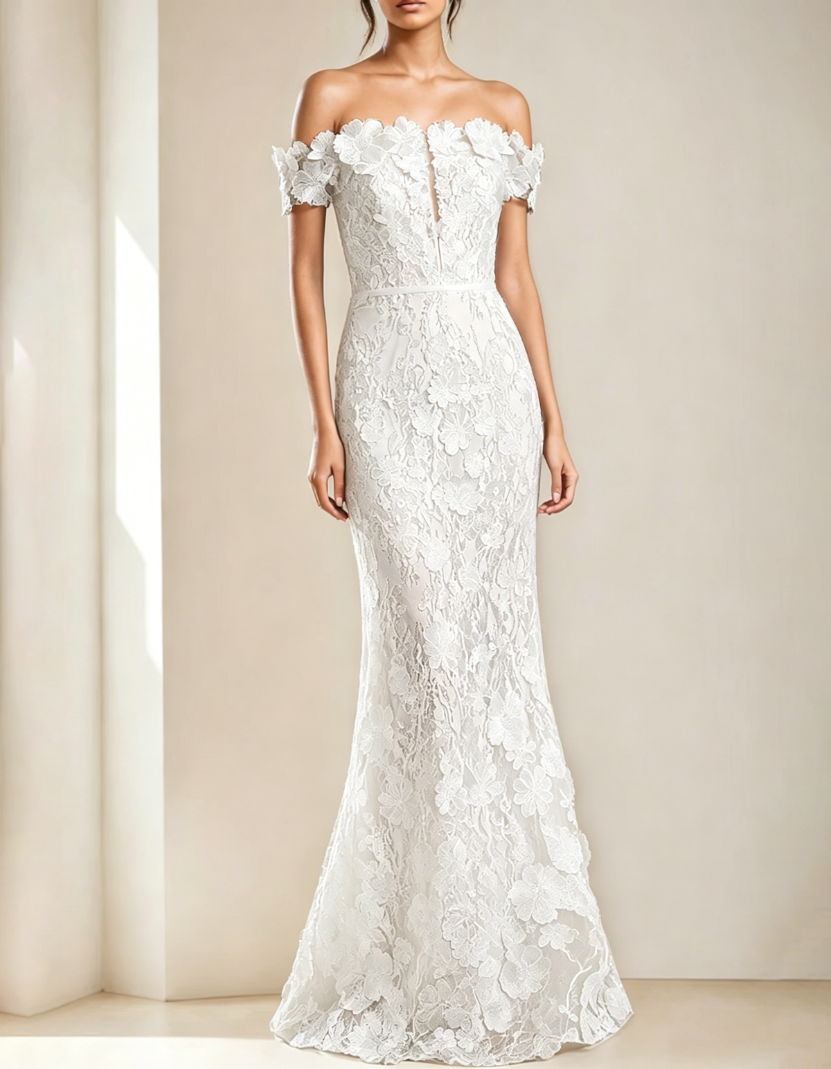 Off-shoulder maxi dress with lace embroidery and fishtail