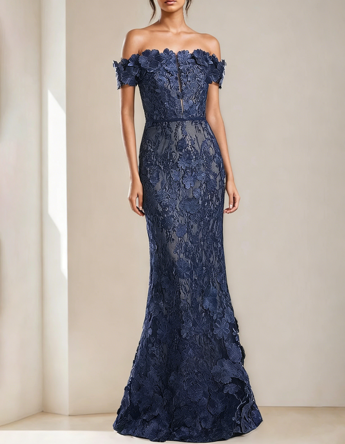 Off-shoulder maxi dress with lace embroidery and fishtail