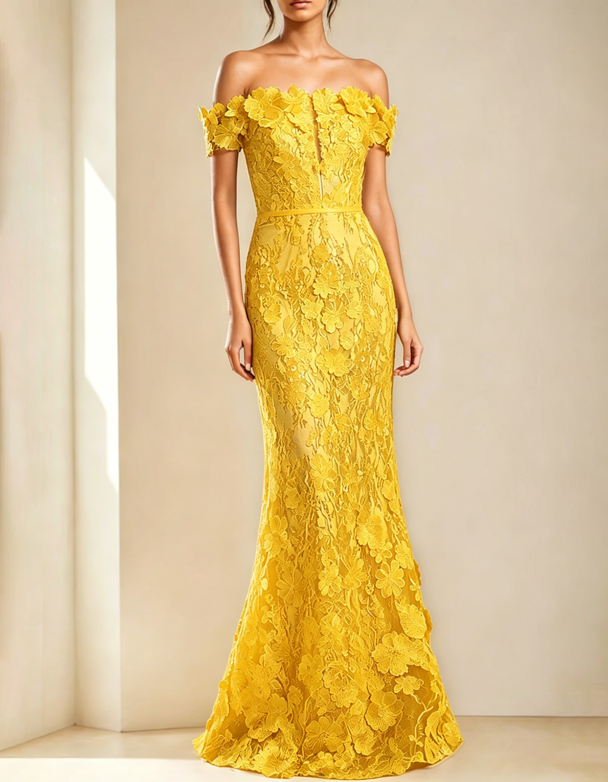 Off-shoulder maxi dress with lace embroidery and fishtail