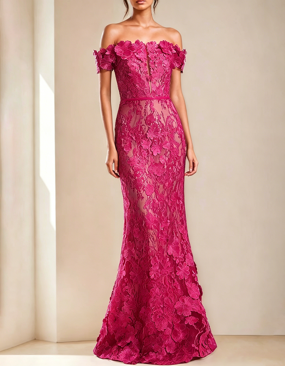 Off-shoulder maxi dress with lace embroidery and fishtail