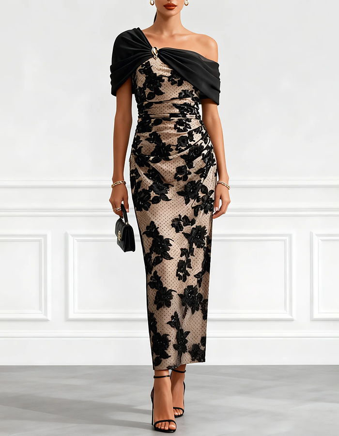 Black and nude maxi dress with floral lace and one shoulder
