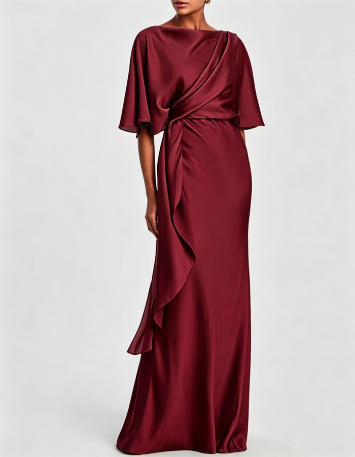 Olive Green Draped Satin Evening Gown, Maxi Length