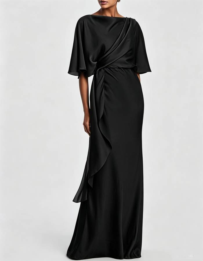 Olive Green Draped Satin Evening Gown, Maxi Length