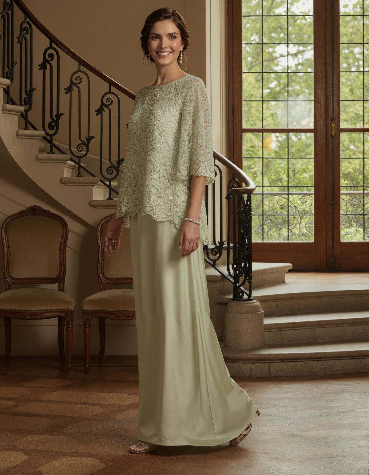 Sage Green Lace Satin Maxi Dress