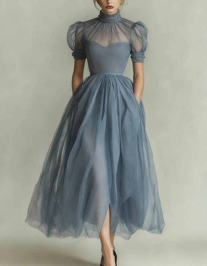 Midi dress made of tulle with high neckline