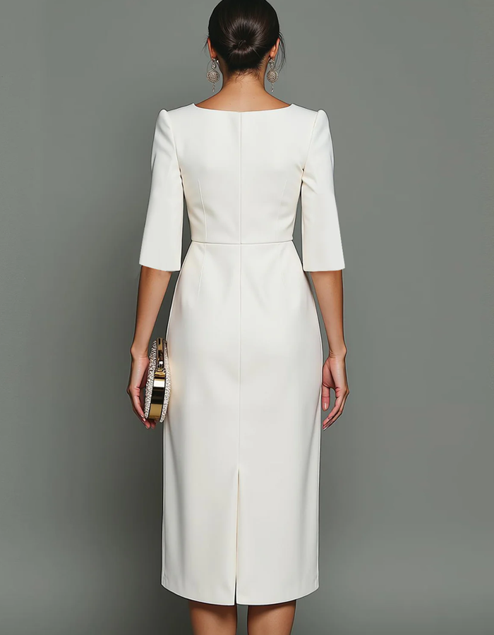 Midi dress with boat neckline and three-quarter sleeves