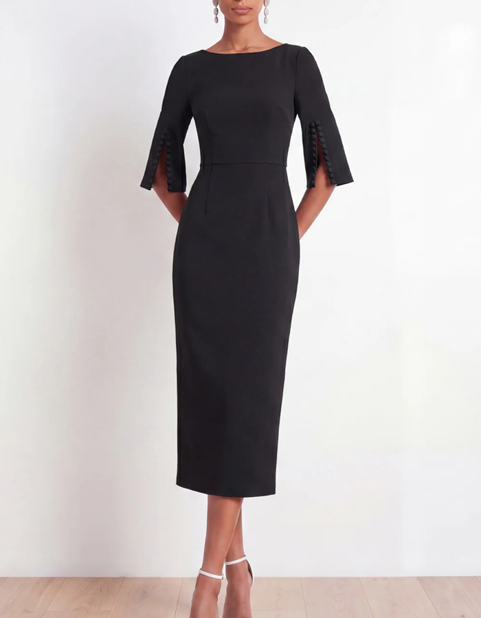 Midi dress with boat neckline and three-quarter sleeves
