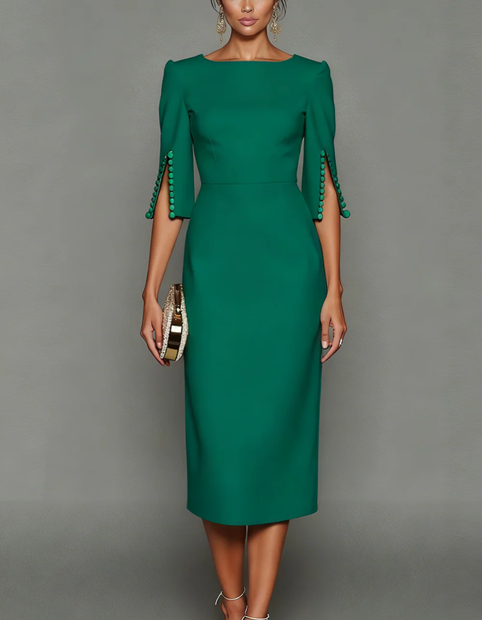 Midi dress with boat neckline and three-quarter sleeves