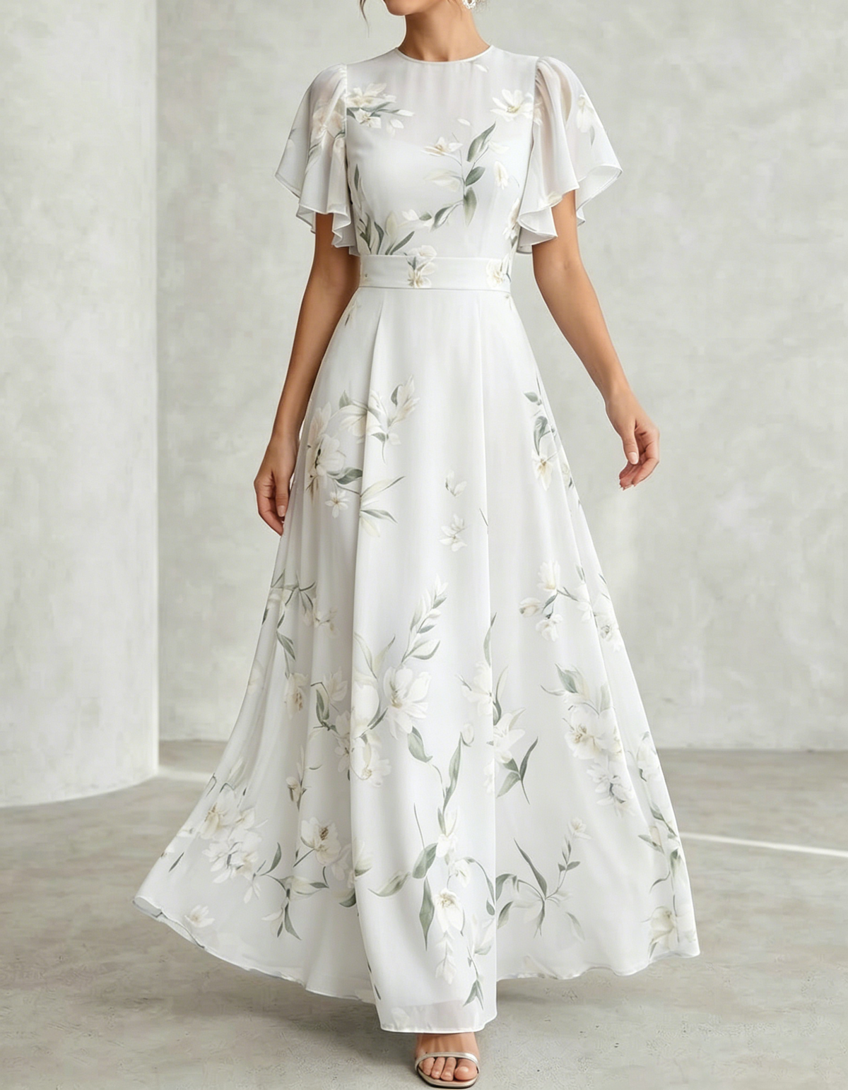 Pale Blue Chiffon Round Neck Ruffle Print Maxi Dress