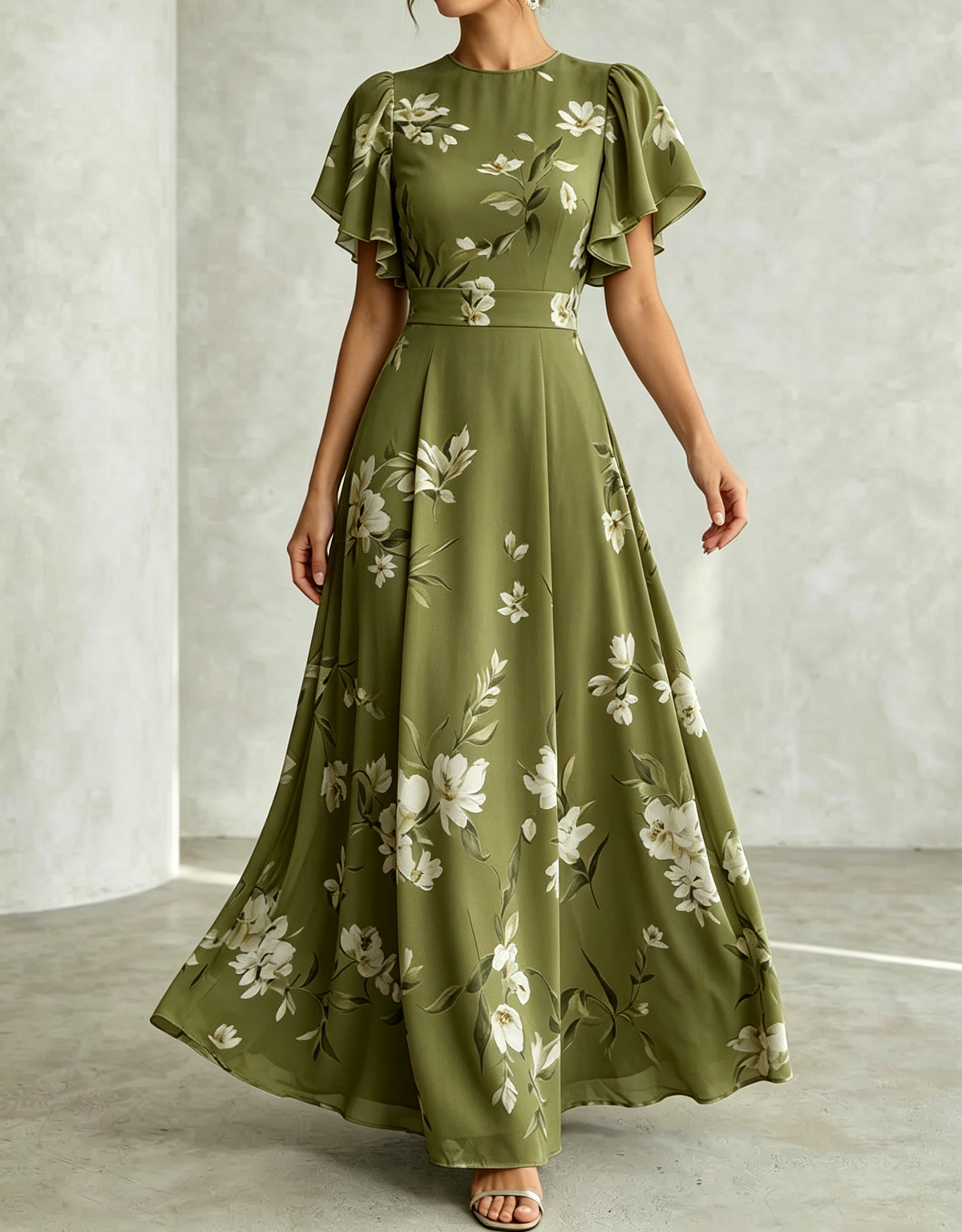 Pale Blue Chiffon Round Neck Ruffle Print Maxi Dress