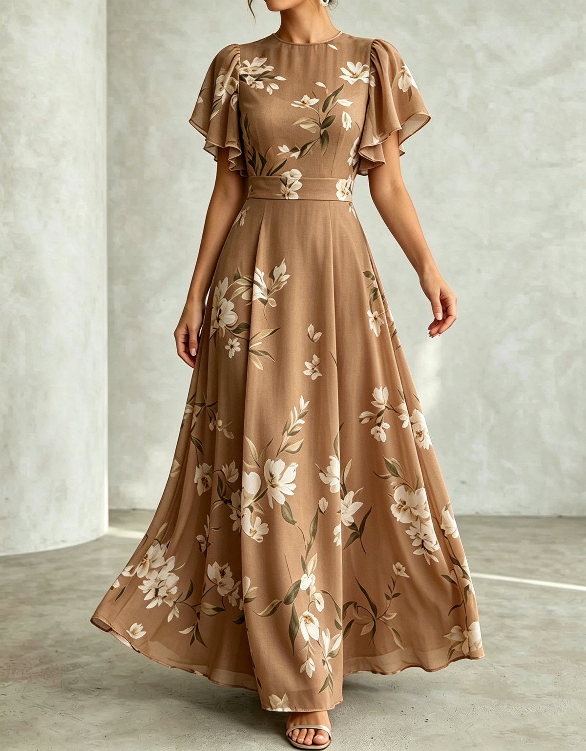 Pale Blue Chiffon Round Neck Ruffle Print Maxi Dress