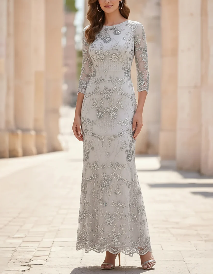 Champagne Maxi Dress with Round Neck, Flowers, Sequins, and Mesh in Mermaid Style