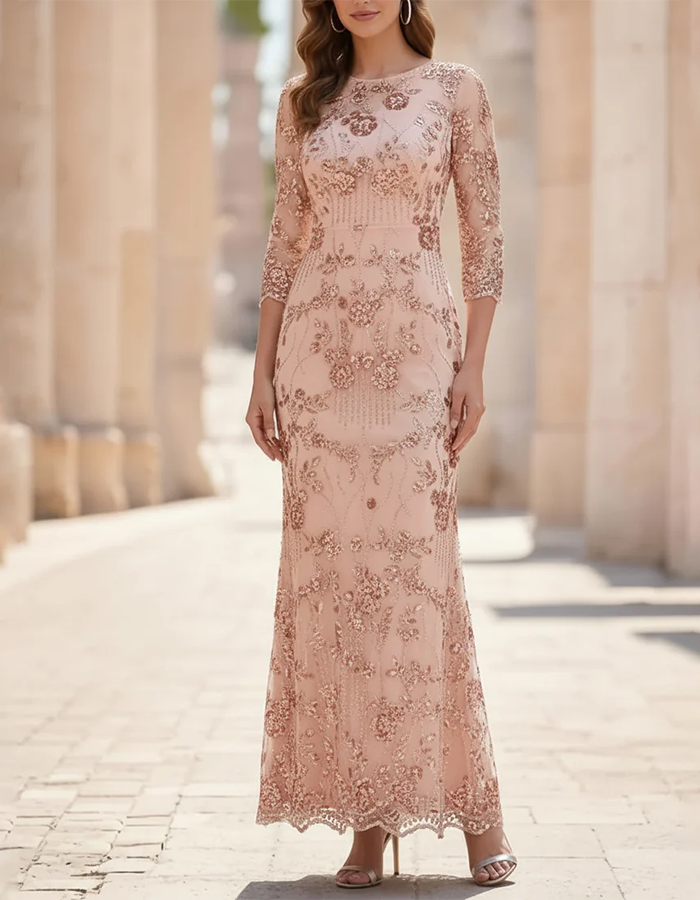 Champagne Maxi Dress with Round Neck, Flowers, Sequins, and Mesh in Mermaid Style